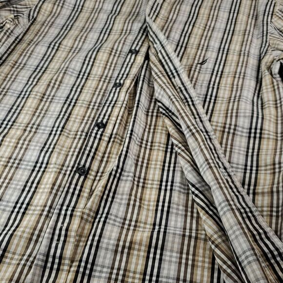 M NAUTICA 80'S Sailing TWO PLY COTTON tan black PLAID BUTTON DOWN SHIRT Medium - Picture 4 of 11